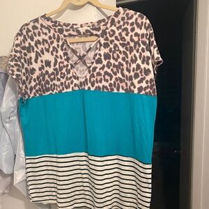 Lovely Melody Leopard and Teal Striped Women's Top